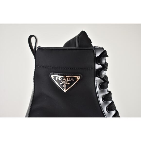 Prada 55MM Logo Lug Sole Platform Black Re-Nylon Leather Ankle Heel Boot 37.5 - Picture 5 of 15